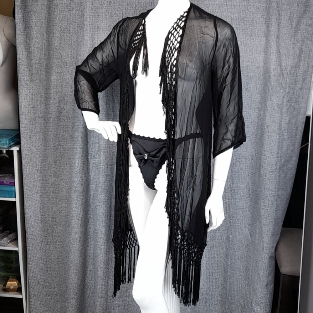 Last one‼️- Ella Moss 3/4 Sleeve Tunic Cover-Up W/Fringe Black🏖🔥🌞👙